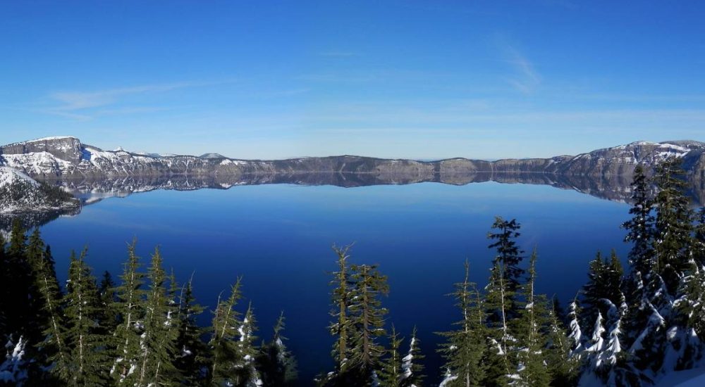 Crater Lake surrounded by trees on a cloudless day