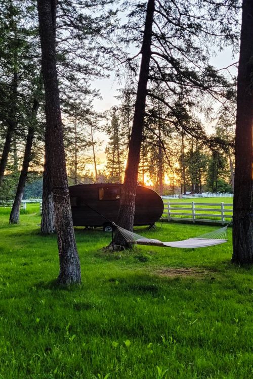 A roaming cabin in the woods at sunset at ROAM Beyond, a Montana glamping resort