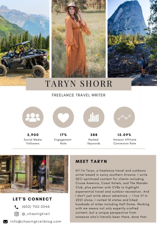 Page 1 of the media kit for freelance travel writer Taryn Shorr, which includes photos, website statistics, and an About Me section