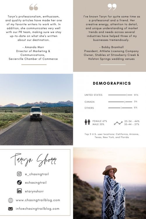 Page 3 of the media kit for freelance writer Taryn Shorr, which includes photos, contact information, and testimonials from clients